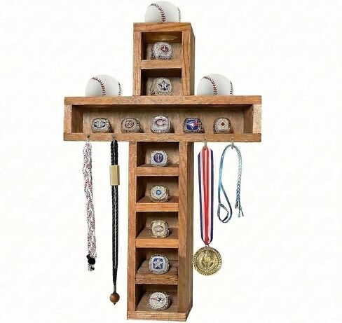 Cross Baseball Ring Display Championship Ring Display case（ Wall Mount with 12-Slot 4 Extra Hooks and 3 Baseball Display） in Kuwait