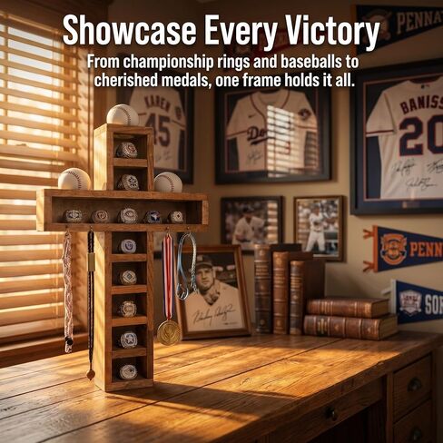 Cross Baseball Ring Display Championship Ring Display case（ Wall Mount with 12-Slot 4 Extra Hooks and 3 Baseball Display） in Kuwait