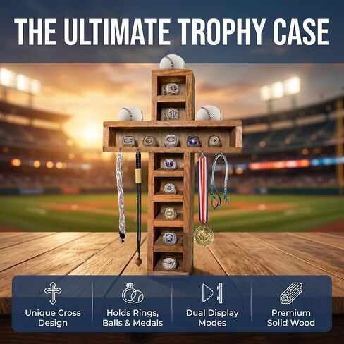 Cross Baseball Ring Display Championship Ring Display case（ Wall Mount with 12-Slot 4 Extra Hooks and 3 Baseball Display） in Kuwait