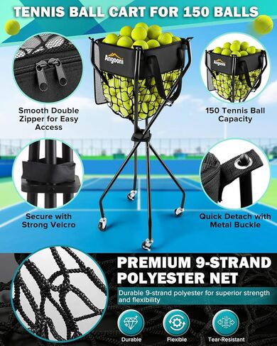 Angooni Upgraded Tennis Ball Hopper for 150 Balls, Tennis Cart with Wheels & Storage Bag, Lightweight Foldable Pickleball Cart, for Training, Teaching & Family Play in Kuwait