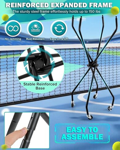 Angooni Upgraded Tennis Ball Hopper for 150 Balls, Tennis Cart with Wheels & Storage Bag, Lightweight Foldable Pickleball Cart, for Training, Teaching & Family Play in Kuwait