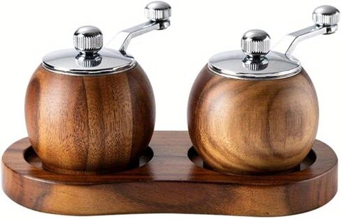 Kitchen Gadgets for Restaurants and Food Carts - Advanced Wooden Manual Pepper Grinder - 2pcs Hand-cranked Sea Salt and Black Pepper Seasoning Machine - with Wooden Stand - Adjustable Thickness in Kuwait