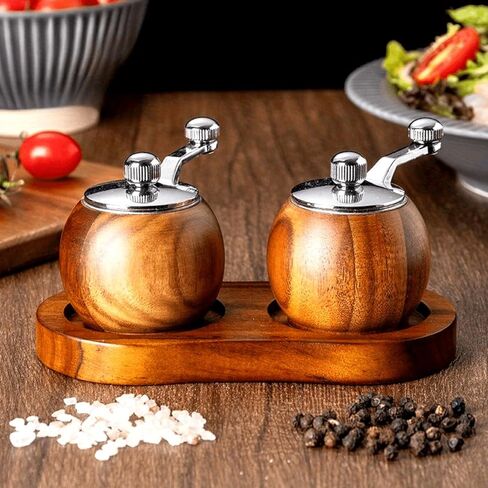 Kitchen Gadgets for Restaurants and Food Carts - Advanced Wooden Manual Pepper Grinder - 2pcs Hand-cranked Sea Salt and Black Pepper Seasoning Machine - with Wooden Stand - Adjustable Thickness in Kuwait
