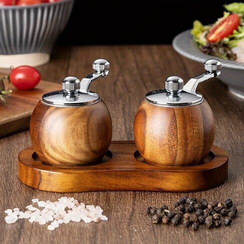 Kitchen Gadgets for Restaurants and Food Carts - Advanced Wooden Manual Pepper Grinder - 2pcs Hand-cranked Sea Salt and Black Pepper Seasoning Machine - with Wooden Stand - Adjustable Thickness in Kuwait