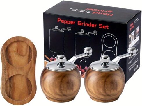 Kitchen Gadgets for Restaurants and Food Carts - Advanced Wooden Manual Pepper Grinder - 2pcs Hand-cranked Sea Salt and Black Pepper Seasoning Machine - with Wooden Stand - Adjustable Thickness in Kuwait