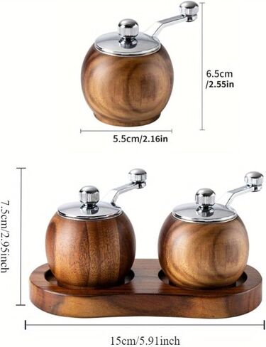 Kitchen Gadgets for Restaurants and Food Carts - Advanced Wooden Manual Pepper Grinder - 2pcs Hand-cranked Sea Salt and Black Pepper Seasoning Machine - with Wooden Stand - Adjustable Thickness in Kuwait