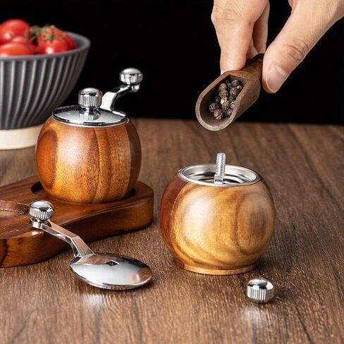 Kitchen Gadgets for Restaurants and Food Carts - Advanced Wooden Manual Pepper Grinder - 2pcs Hand-cranked Sea Salt and Black Pepper Seasoning Machine - with Wooden Stand - Adjustable Thickness in Kuwait