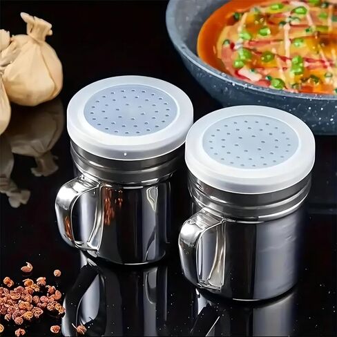 Salt or Paper Shaker Stainless Steel With Handle Holes and Lids 10oz 2 Pack in Kuwait