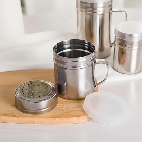 Salt or Paper Shaker Stainless Steel With Handle Holes and Lids 10oz 2 Pack in Kuwait