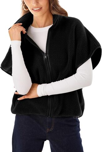 Women's Sherpa Fleece Vest with Batwing Sleeves Leather Trim Stand Collar Zip Up Lightweight Jacket for Winter in Saudi Arabia