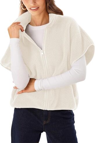 Women's Sherpa Fleece Vest with Batwing Sleeves Leather Trim Stand Collar Zip Up Lightweight Jacket for Winter in Saudi Arabia