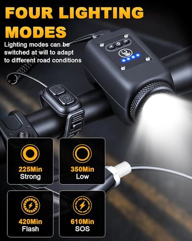 Onvian دراجة كهربائية ضوء الدراجة 2 في 1، 110 ديسيبل دراجة القرن 6 أوضاع الصوت، USB-C جرس دراجة قابلة للشحن مع المصباح الأمامي للبالغين أطفال دراجة سكوتر Ebike، IPX5 مقاوم للماء وتصميم زر الانقسام in Kuwait