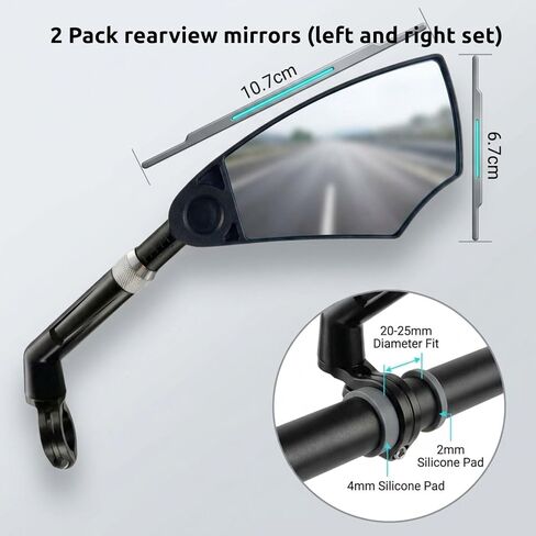 aLLreLi Bike Mirror Pair (2 Mirrors) with Extendable Arm (5.9–7.9 in / 15–20 cm), HD Convex Glass Rear View Mirror, 360° Rotatable Mirror for Bicycles & E-Bikes, Fits 20–25 mm Flat Handlebars in Kuwait