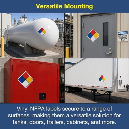 12 بوصة NFPA 704 Placard Diamond، ملصق لاصق من الفينيل NFPA لجميع الأحوال الجوية، ملصق 1-1-0-0 مع دعم لاصق للصحة، تحديد مخاطر الحرائق، صنع في الولايات المتحدة الأمريكية بواسطة ComplianceSigns in Kuwait