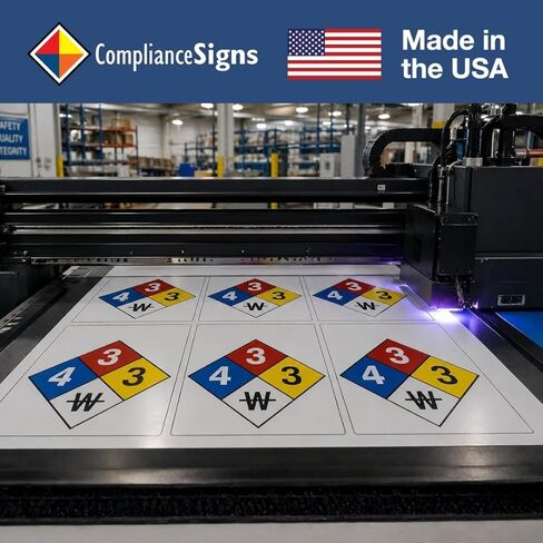 12 بوصة NFPA 704 Placard Diamond، ملصق لاصق من الفينيل NFPA لجميع الأحوال الجوية، ملصق 1-1-0-0 مع دعم لاصق للصحة، تحديد مخاطر الحرائق، صنع في الولايات المتحدة الأمريكية بواسطة ComplianceSigns in Kuwait