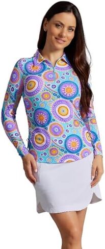 IBKUL Athleisure Wear Sun Protective UPF 50+ Icefil Cooling Leona Print Adjustable Length Long Sleeve Polo - 48933 in Kuwait