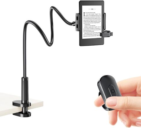 Metal Tablet Holder for Kindle Reading in Bed with Remote Page Turner, Easy Adjust Hands Free Lazy Arm Mount for Kindle Accessories, Gifts for Readers in Saudi Arabia