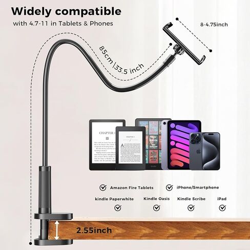 Metal Tablet Holder for Kindle Reading in Bed with Remote Page Turner, Easy Adjust Hands Free Lazy Arm Mount for Kindle Accessories, Gifts for Readers in Saudi Arabia