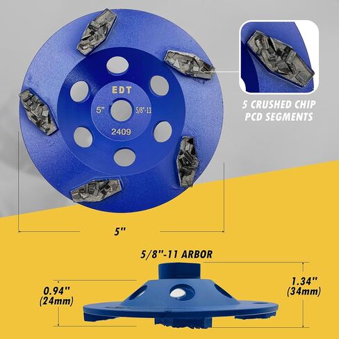 عجلة طحن PCD مقاس 5 بوصات للإيبوكسي والغراء والمصطكي والطلاء، و5 شرائح PCD مسحوقة، 5/8 بوصة - 11 شجرة ملولبة in Kuwait