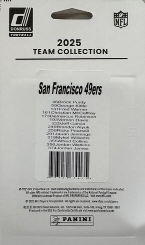 San Francisco 49ers 2025 Donruss Factory Sealed 14 Card Team Set Featuring Brock Purdy, Christian McCaffrey and George Kittle Plus Mykel Williams, Alfred Collins, Jordan Watkins and James Rookies in Kuwait