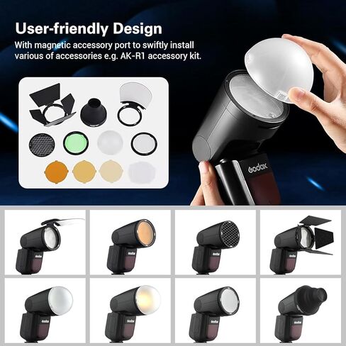 Godox V1 V1N V1-N Camera Flash,for Nikon Cameras,W/AK-R1 Kit,76Ws 2.4G TTL Round Head Flash, 1/8000 HSS, 480 Full Power Shots, 1.5s Recycle Time, 2600mAh Lithium Battery, 10 Level LED Modeling Lamp in Kuwait