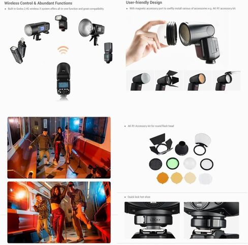 Godox V1 V1N V1-N Camera Flash,for Nikon Cameras,W/AK-R1 Kit,76Ws 2.4G TTL Round Head Flash, 1/8000 HSS, 480 Full Power Shots, 1.5s Recycle Time, 2600mAh Lithium Battery, 10 Level LED Modeling Lamp in Kuwait