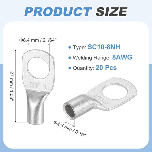 MECCANIXITY 20 Pcs Tinned Copper Wire Lugs 8AWG 21/64" Wire Connectors Marine Grade Battery Cable Ends Ring Terminals SC10-8NH Battery Cable Lugs, Silver in Kuwait