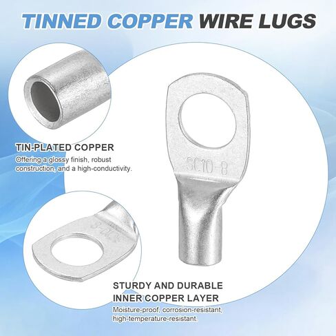 MECCANIXITY 20 Pcs Tinned Copper Wire Lugs 8AWG 21/64" Wire Connectors Marine Grade Battery Cable Ends Ring Terminals SC10-8NH Battery Cable Lugs, Silver in Kuwait