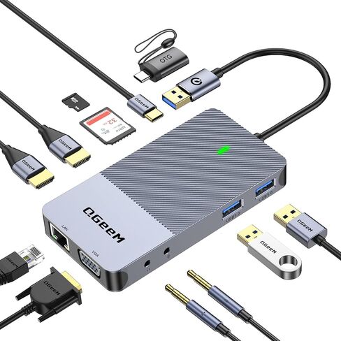 QGeeM USB 3.0 Laptop Docking Station, Triple Display USB Hub Hdmi Dual Monitor,USB Dock with 2 HDMI, VGA, USB 3.0, Card Reder Compatible for MacBook M1 M2 M3 M4 Dell HP Lenovo -Pink in Saudi Arabia
