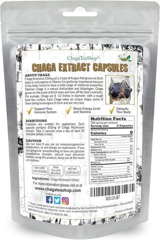 ChagaTeaShop Siberian Chaga Extract Capsules Dietary Supplement 2 Month Supply 120 Vegetarian Capsules in Kuwait