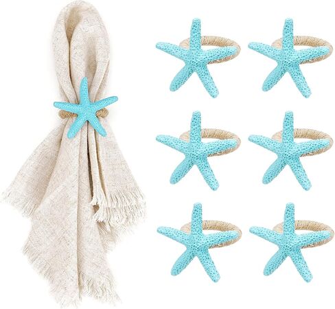 Starfish Napkin Rings Set of 6 - Teal Blue Coastal Beach Themed Napkin Holders Bulk, Nautical Dining Table Decor for Party, Wedding, Shower in Saudi Arabia