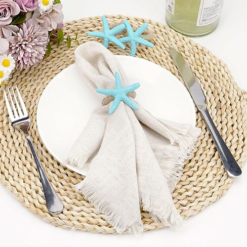 Starfish Napkin Rings Set of 6 - Teal Blue Coastal Beach Themed Napkin Holders Bulk, Nautical Dining Table Decor for Party, Wedding, Shower in Saudi Arabia