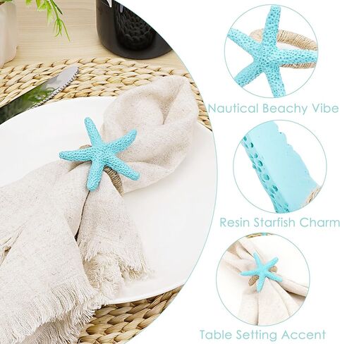 Starfish Napkin Rings Set of 6 - Teal Blue Coastal Beach Themed Napkin Holders Bulk, Nautical Dining Table Decor for Party, Wedding, Shower in Saudi Arabia