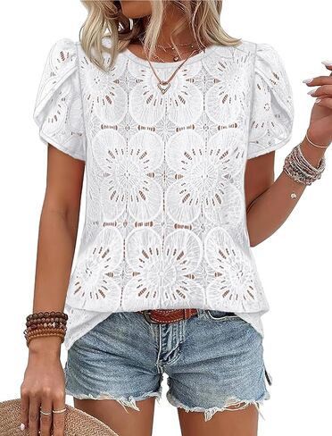 OFEEFAN Blouses for Women Dressy Casual Petal Short Sleeve Shirts Crochet Lace Boho Tops Spring Fashion Summer Outfits in Saudi Arabia