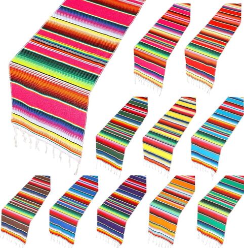 Tatuo 10 قطع من مفارش الطاولة المكسيكية Serape مقاس 35.56 سم × 84 بوصة، 10 ألوان لتزيين طاولات الحفلات المكسيكية، مفرش طاولة من القطن، مفرش طاولة سينكو دي مايو، لوازم متعددة الألوان in Kuwait