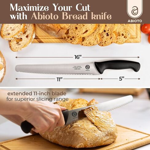 ABIOTO Serrated Bread Knife for Homemade Bread Sourdough - Perfect 11-Inch Sourdough Bread Knife Made of High Carbon Stainless Steel X30 Cr13 with One-Sided Sharp Serrations and Ergonomic Handle in Kuwait