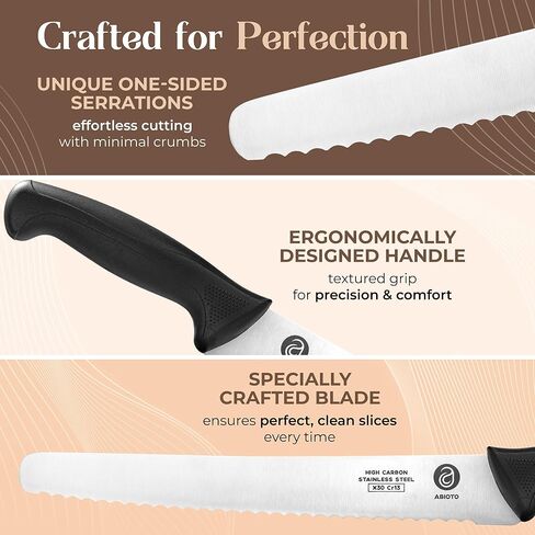 ABIOTO Serrated Bread Knife for Homemade Bread Sourdough - Perfect 11-Inch Sourdough Bread Knife Made of High Carbon Stainless Steel X30 Cr13 with One-Sided Sharp Serrations and Ergonomic Handle in Kuwait