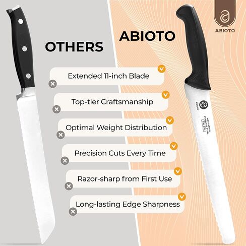 ABIOTO Serrated Bread Knife for Homemade Bread Sourdough - Perfect 11-Inch Sourdough Bread Knife Made of High Carbon Stainless Steel X30 Cr13 with One-Sided Sharp Serrations and Ergonomic Handle in Kuwait
