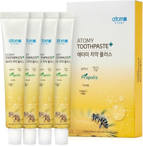 Atomy Toothpaste Plus with Propolis & Green Tea Extract - Travel Size (1.76 oz) x 4 Pack - Natural Oral Care for Gum Health, Bad Breath, Plaque Removal - Clear Gel Type in Kuwait