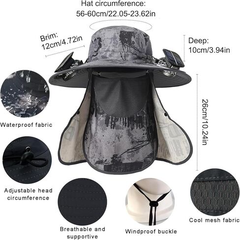 قبعة مروحة شمسية 2026 مع غطاء رقبة قابل للإزالة وقناع للوجه، قبعة شمسية ذات حافة واسعة مع 2 مروحة شمسية للرجال أو النساء في الهواء الطلق لصيد الأسماك والمشي لمسافات طويلة والتخييم، لزوج الأب (رمادي مموه) in Kuwait
