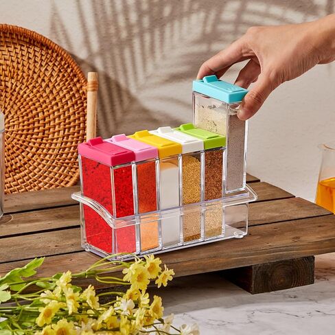 Maxdot 24 Pcs Spice Shaker Jars? Colored Plastic Seasoning Shaker Box with Lid and Tray Condiment Set Multi Container for Travel Camping Rack Spice Pots Storage Salt Sugar Cruet, Clear in Kuwait