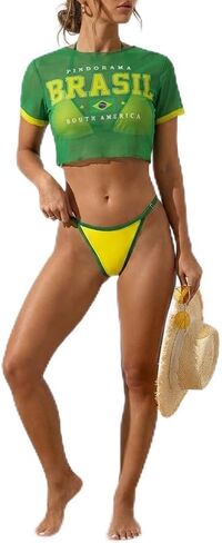 Women's Patriotic Flag Mesh Crop Top Bikini Set, Triangle Thong Swimsuit Quick Dry Flattering for Summer Beach Vacation in Kuwait