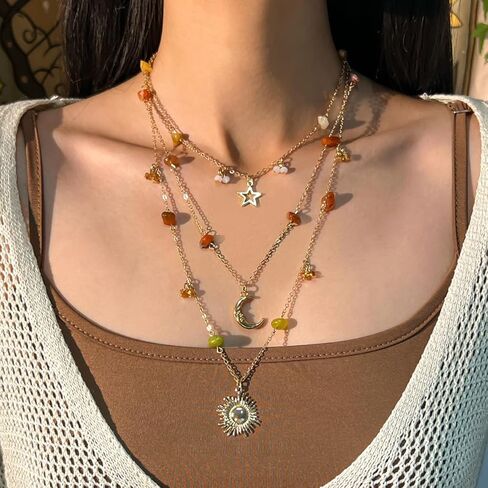 Layered Boho Necklace for Women Crystal Beaded Sun Pendant Irregular Crystal Stone Necklace Boho Beach Western Jewelry in Saudi Arabia
