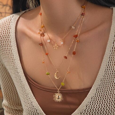 Layered Boho Necklace for Women Crystal Beaded Sun Pendant Irregular Crystal Stone Necklace Boho Beach Western Jewelry in Saudi Arabia