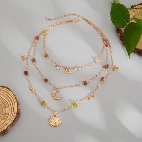 Layered Boho Necklace for Women Crystal Beaded Sun Pendant Irregular Crystal Stone Necklace Boho Beach Western Jewelry in Saudi Arabia