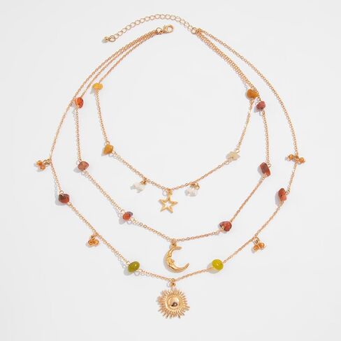 Layered Boho Necklace for Women Crystal Beaded Sun Pendant Irregular Crystal Stone Necklace Boho Beach Western Jewelry in Saudi Arabia