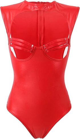 Women's Sexy Faux Leather Bodysuit Sleeveless Cutout Jumpsuit with Hollow Out Adjustable Straps Back Zipper in Saudi Arabia