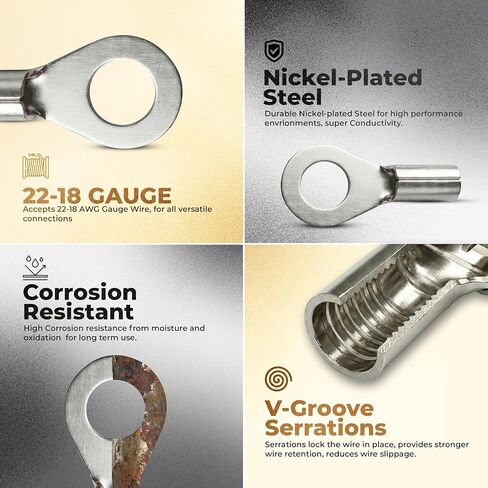 موصل حلقة قياس 22-18 AWG غير معزول 100 قطعة من Sherco-Auto - طرف سلك مسمار رقم 8 - مسننات من النحاس النقي والأخاديد على شكل حرف V للتجعيد القوي ومقاومة التآكل - صنع في الولايات المتحدة الأمريكية in Kuwait