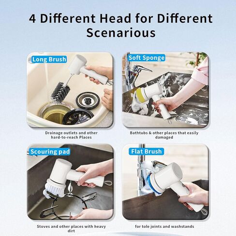 Electric Spin Scrubber - Cordless Handheld Cleaning Brush with 2 Speeds & 4 Brush Heads, Rechargeable 1500mAh Battery for Kitchen Sink, Bathroom Tile, Stovetop, Glass, Car Detailing in Kuwait