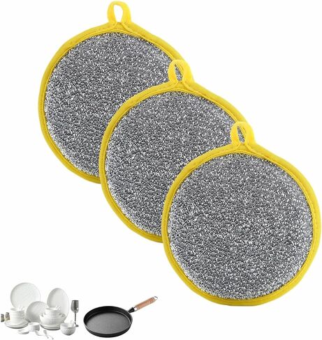 Double Sided Kitchen Sponges for Dishes, Round Scrubbing Pads with Steel Wire Nylon and High Elasticity Sponge, Non Scratch Cleaning Pads with Hanging Loop for Dishes, Pots, Sinks & Bathroom in Kuwait